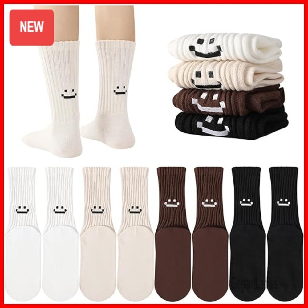 4 Pairs Women's Slouch Crew Socks Smile Face Retro Cotton Casual Athletic